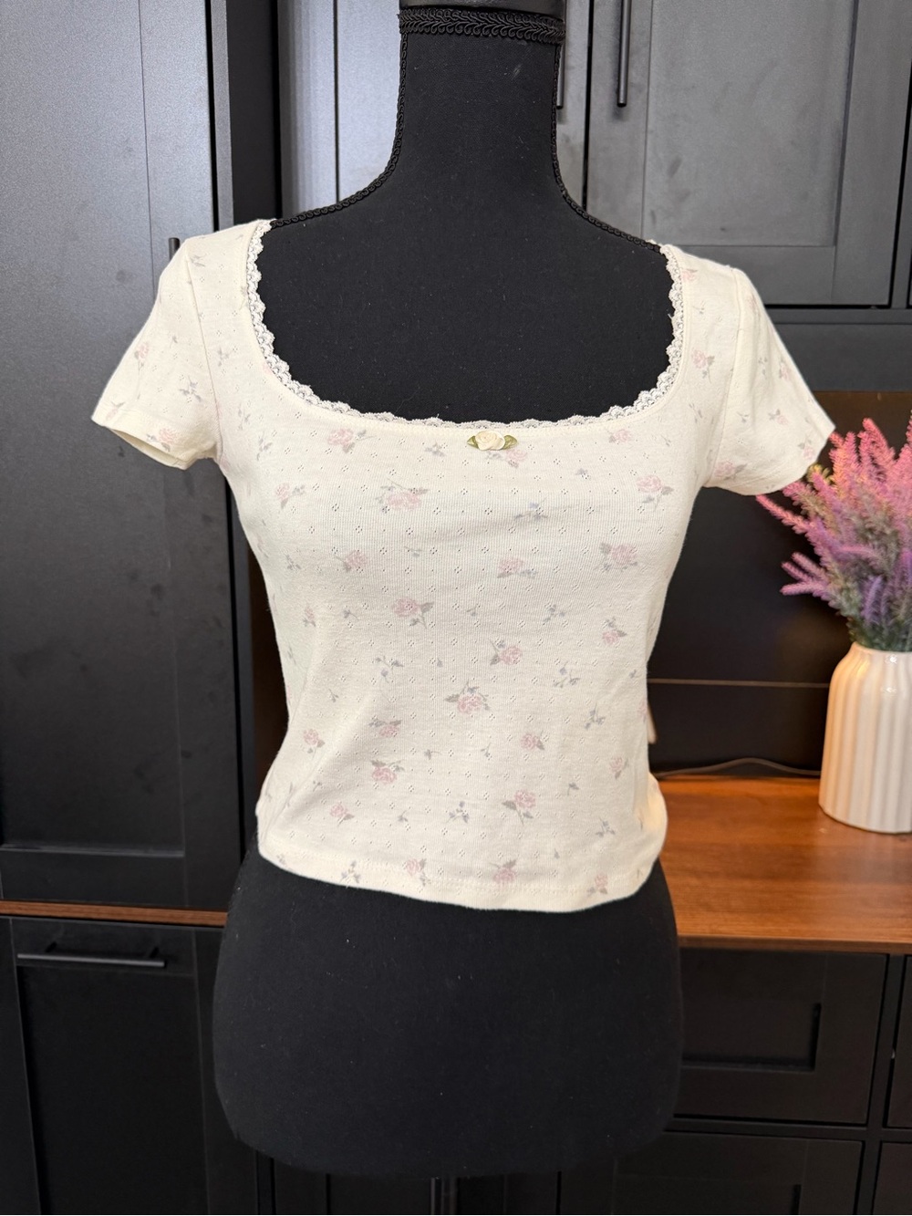 Pink Rose Cream Floral Square-Neck Crop Top
